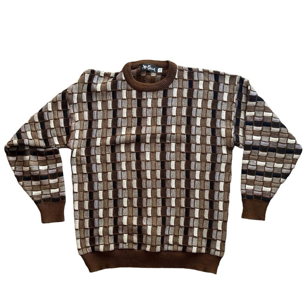 VTG Alan Stuart Men's Brown Tan Colorblock Coogi Patterned Crewneck Sweater XL